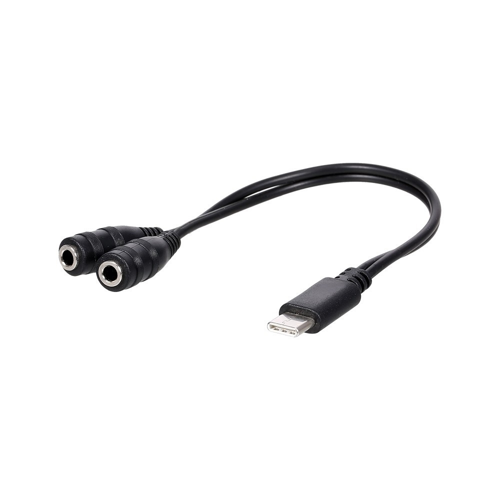 (10cm) USB C Y-Splitter 2x 3.5mm Klinke Audio Stecker Stereo AUX Kabel - Schwarz