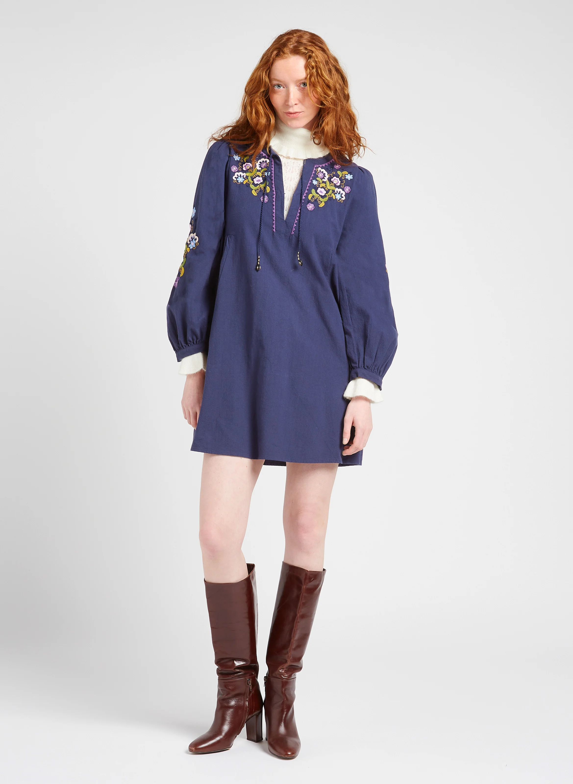 HAIM - Robe courte col tunisien en coton bio | Bleu