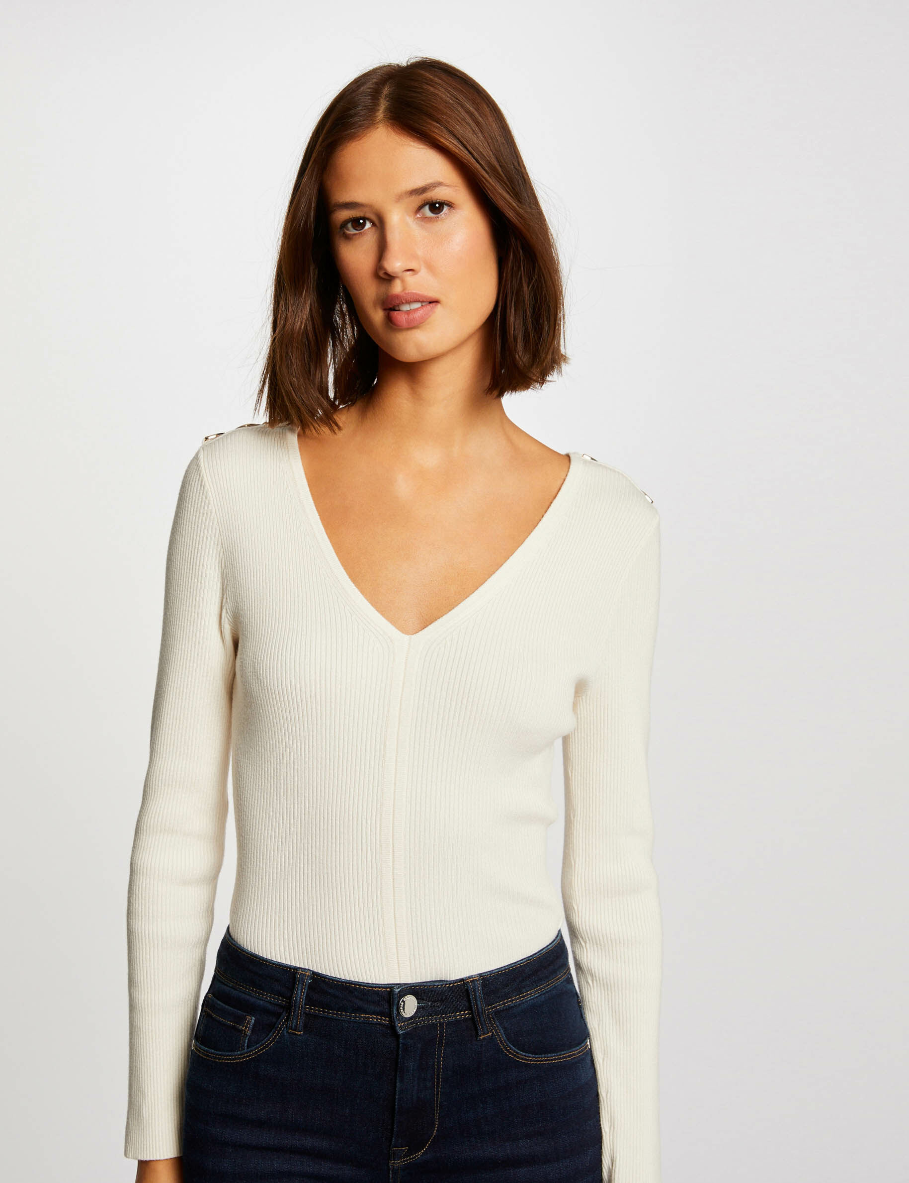 Pull manches longues avec col en V ivoire femme - ivoire