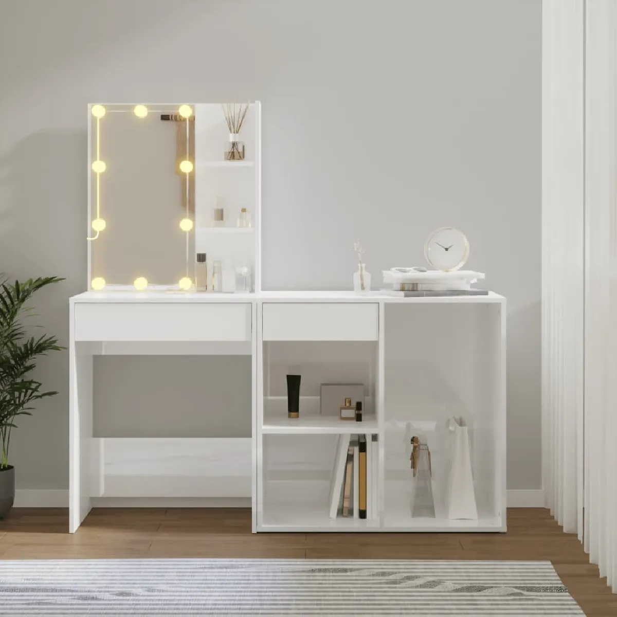 vidaXL Coiffeuse LED avec Armoire - Blanc Brillant