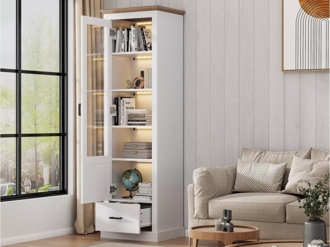 Vitrine LED moderne 50x35x178cm- avec éclairage LED - 1 - avec 1 tiroir - avec 1 porte vitrée - vitrine 5 compartiments - blanc