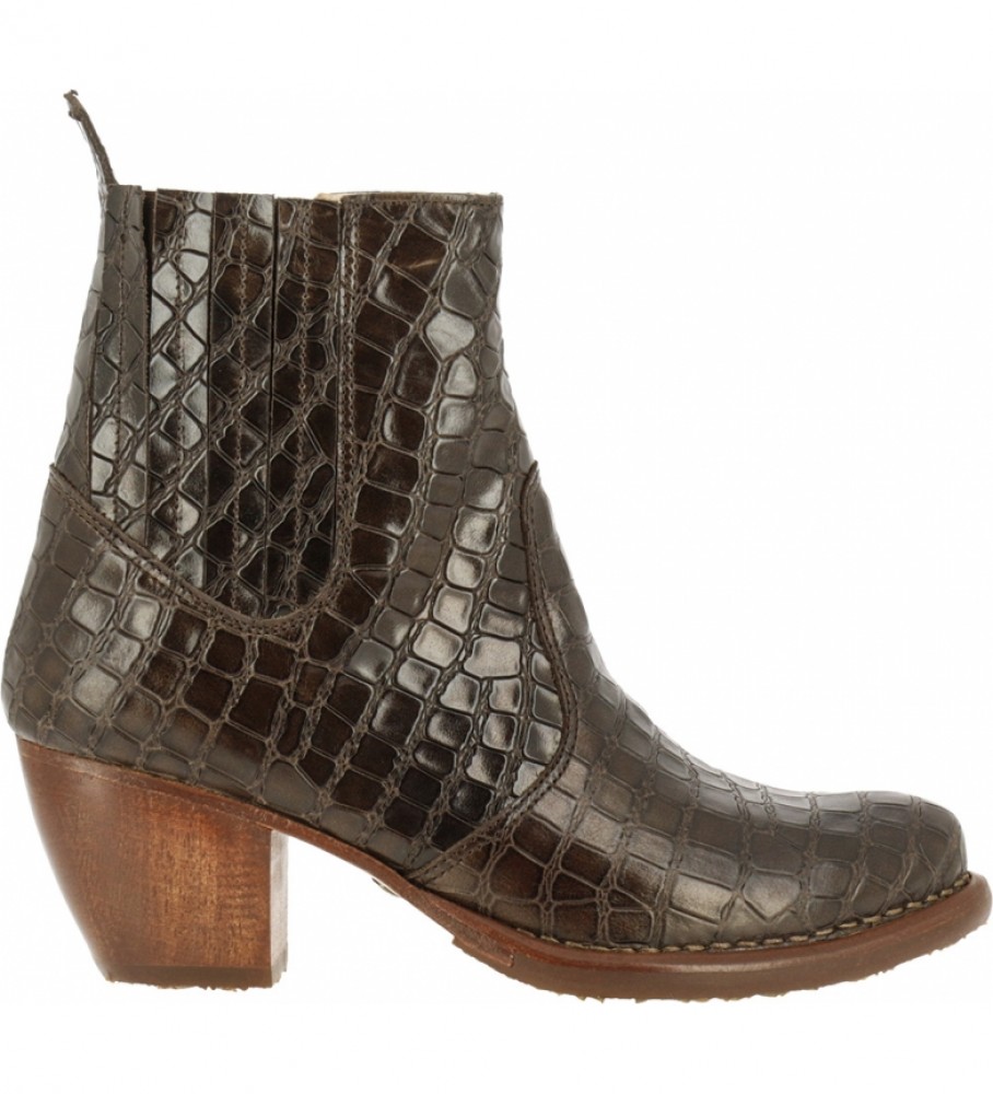 Botas de cano curto Neosens S3102 em couro marrom com estampa de crocodilo - Altura do salto: 5,5 cm -