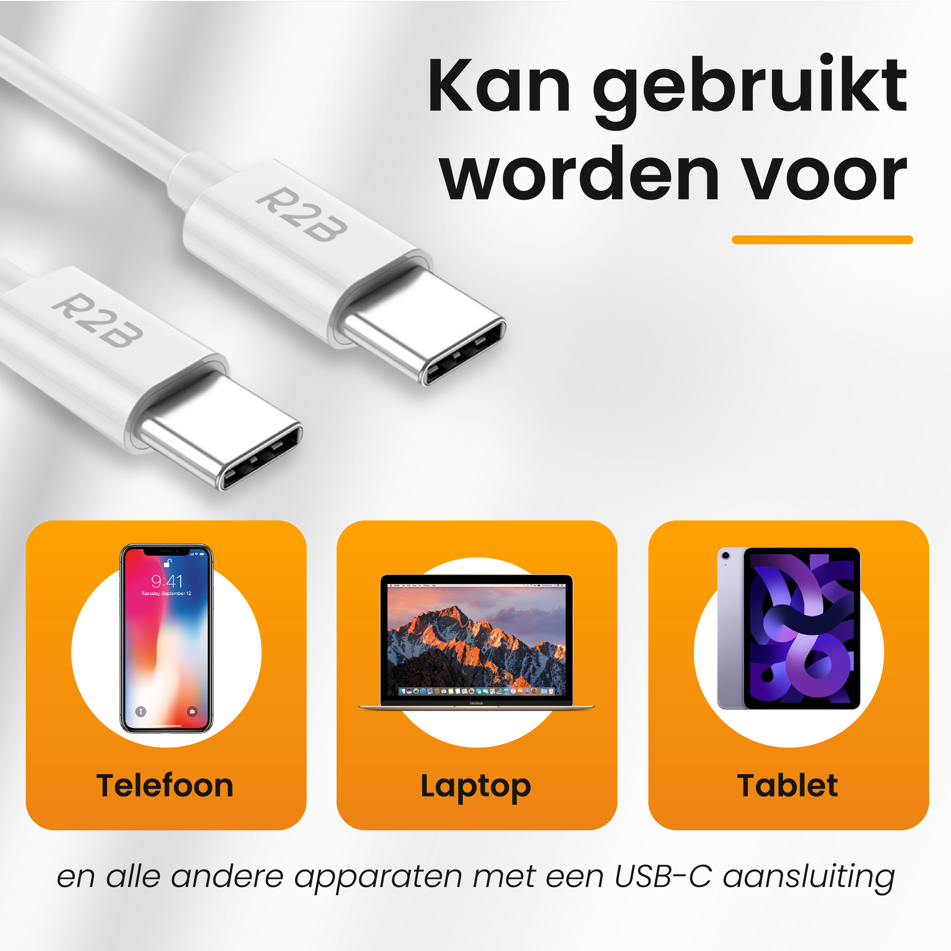 R2B 2 Meter Witte USB-C naar USB-C Kabel