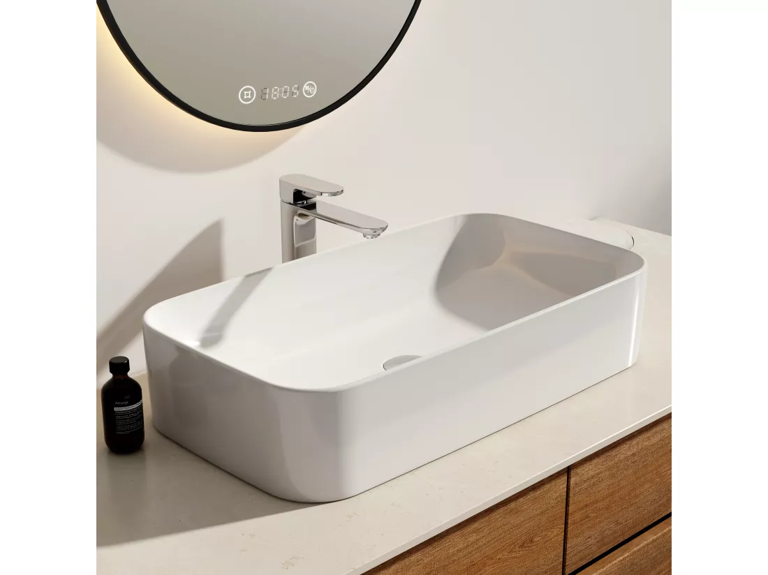 EMKE Vasque à poser céramique 70,5×38×15cm, Lavabo salle de bain rectangulaire, Lavabo en céramique blanc brillant