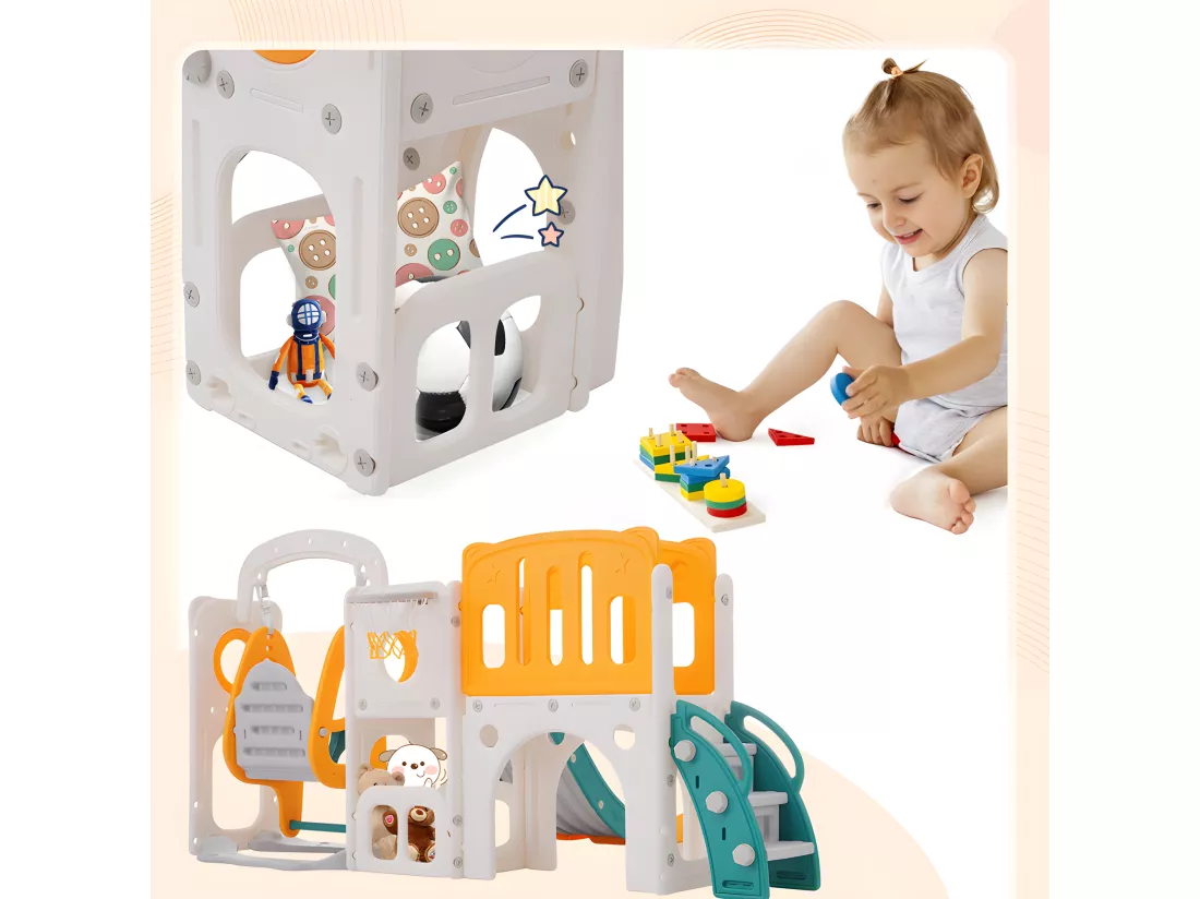 Toboggan pour enfants 7 en 1 - composé d'un toboggan, d'une balançoire, d'un panier de basket, d'un escalier, d'un tunnel, d'un passerelle et d'un rangement - Polyéthylène - Vert
