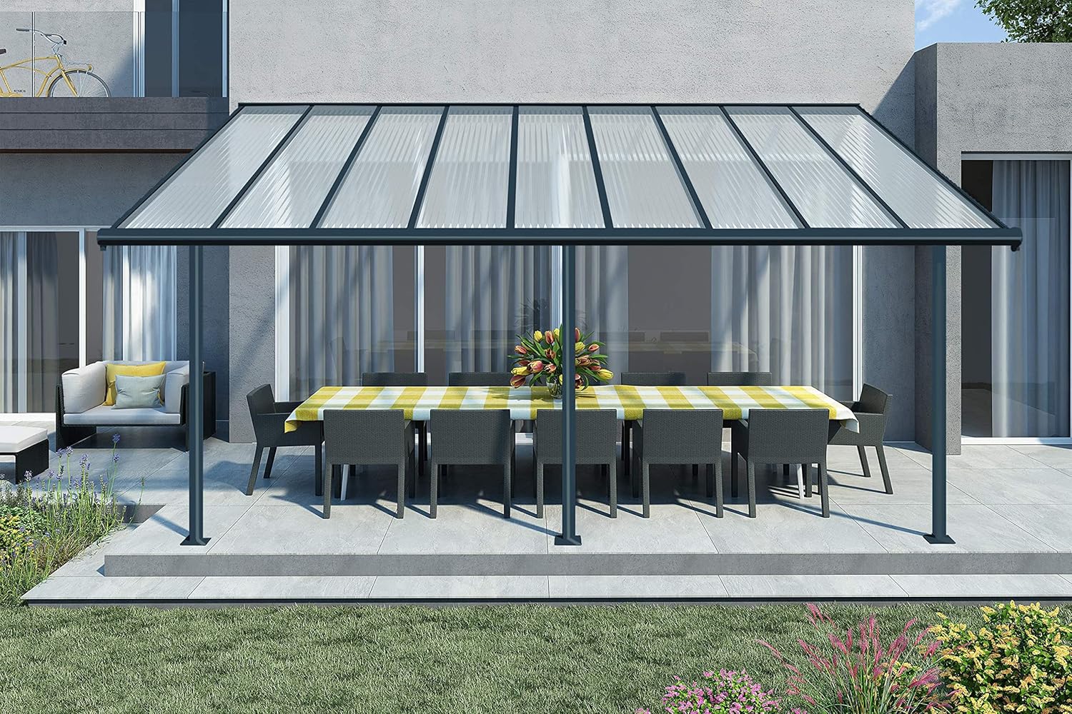 Canopia by Palram Terrassenüberdachung Alu Olympia 3X5.46 Polycarbonat Hohlkammerplatten Pergola 546 x 295 cm Grau zur Überdachung ihrer Terrasse