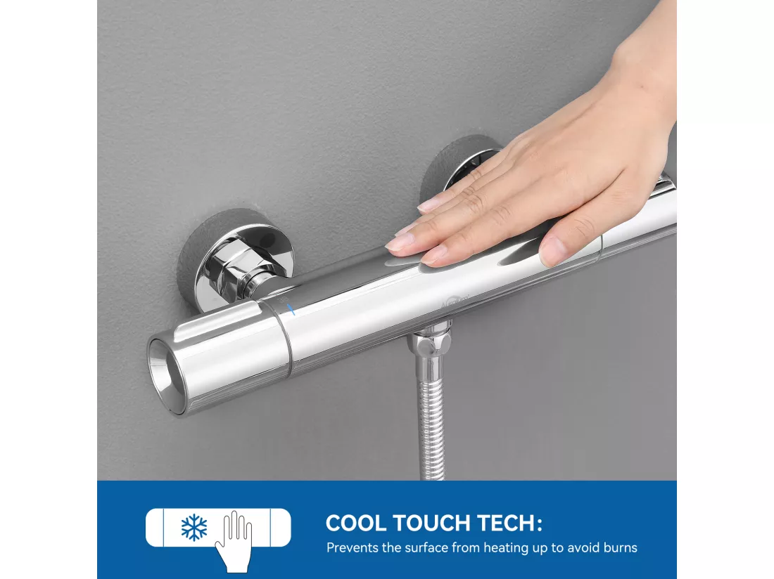 Colonne Douche Noir,Sans Mitigeur,Hauteur Réglable 690-1130cm+Mitigeur Thermostatique Douche Bouton Sécurisé à 38°C,Chromé