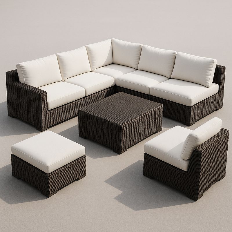 Polyrattan Gartenmöbel Set mit Beigen Kissen, Ecksofa, Tisch und Hocker