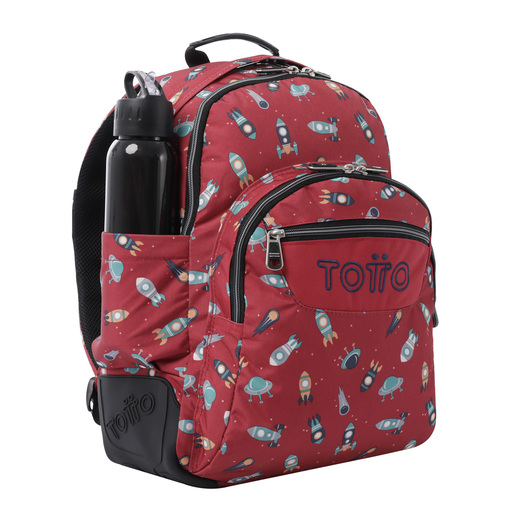 Mochila escolar Totto com estampa de foguetes e giz de cera.