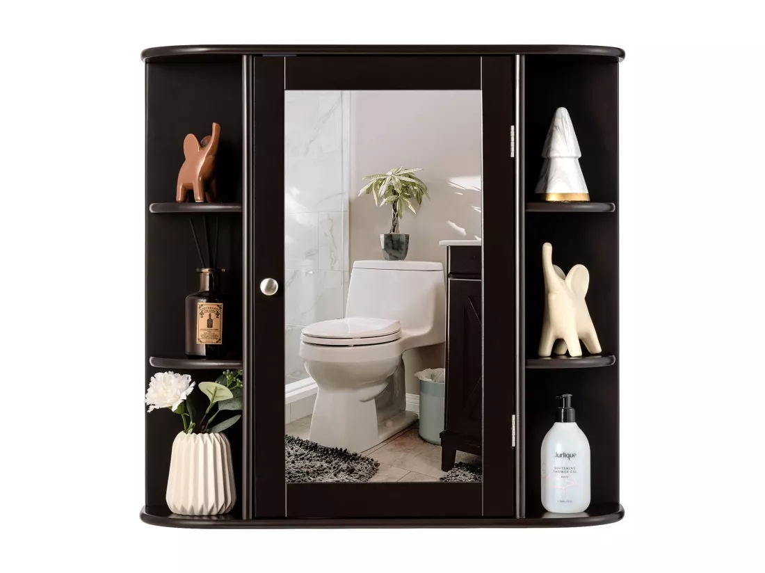 Armoire murale de salle de bains avec miroir avec etagères réglables et compartiments ouverts armoire à pharmacie