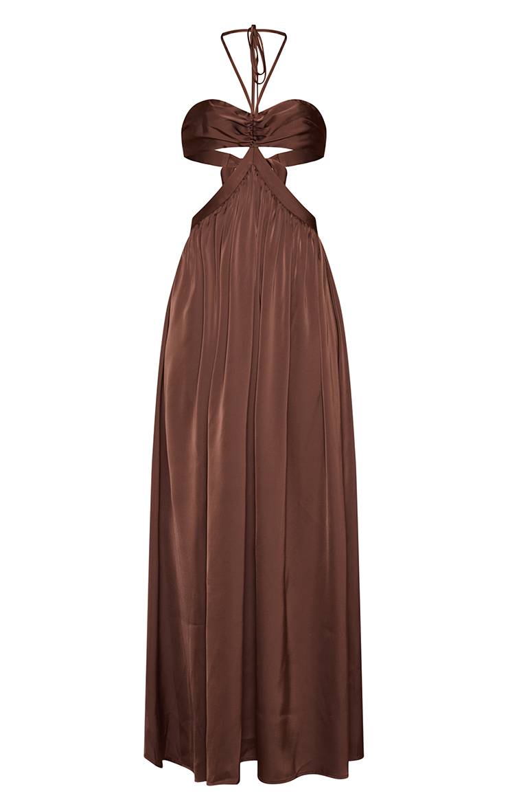 Chocolat Robe Longue En Satin À Encolure Licou Avec Découpes