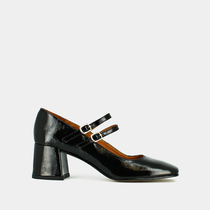 Babies à talons moyens et brides à boucles  en vernis plissé noir