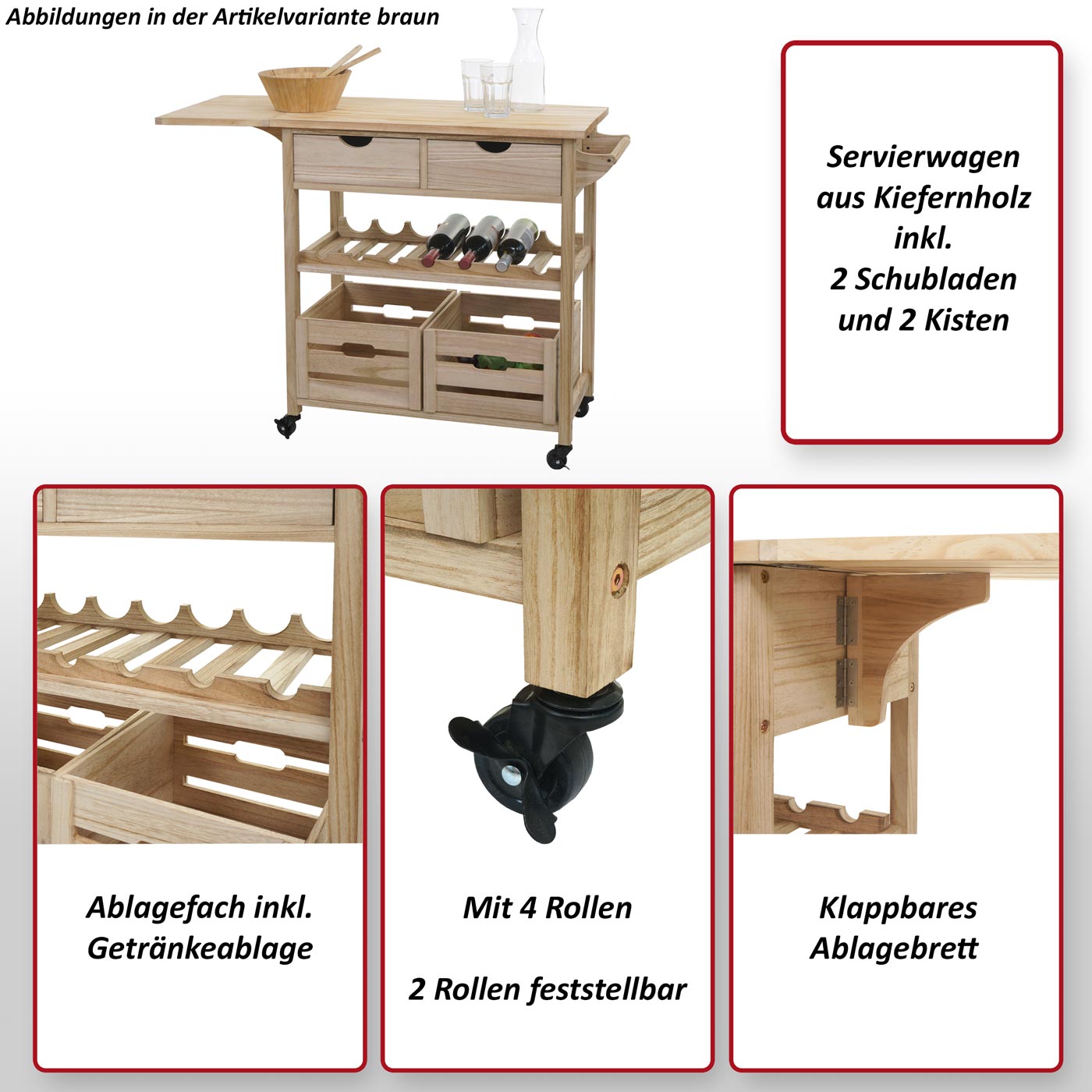 Servierwagen MCW-G35, Küchenwagen Rollwagen Küchenhelfer Beistellwagen Teewagen, Kiefernholz 89x119x41cm ~ natur-weiß