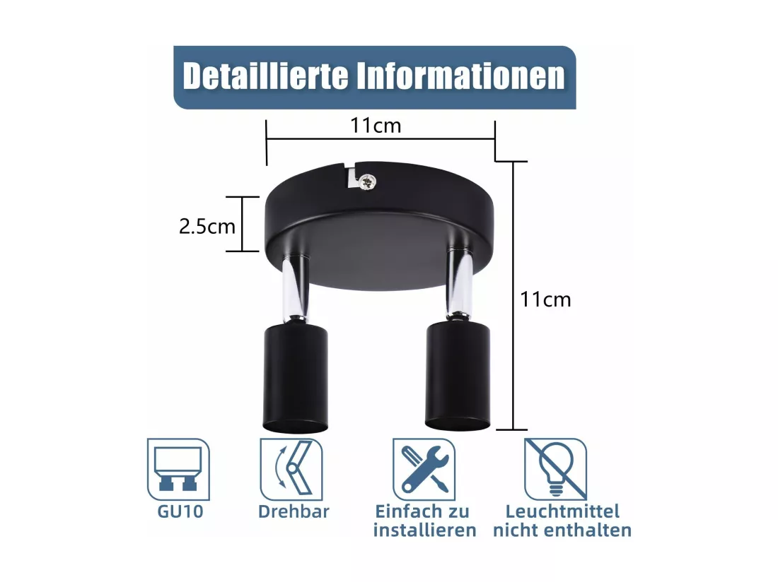 NETTLIFE Spot de plafond LED noir 2 ampoules orientable 350° GU10 industriel