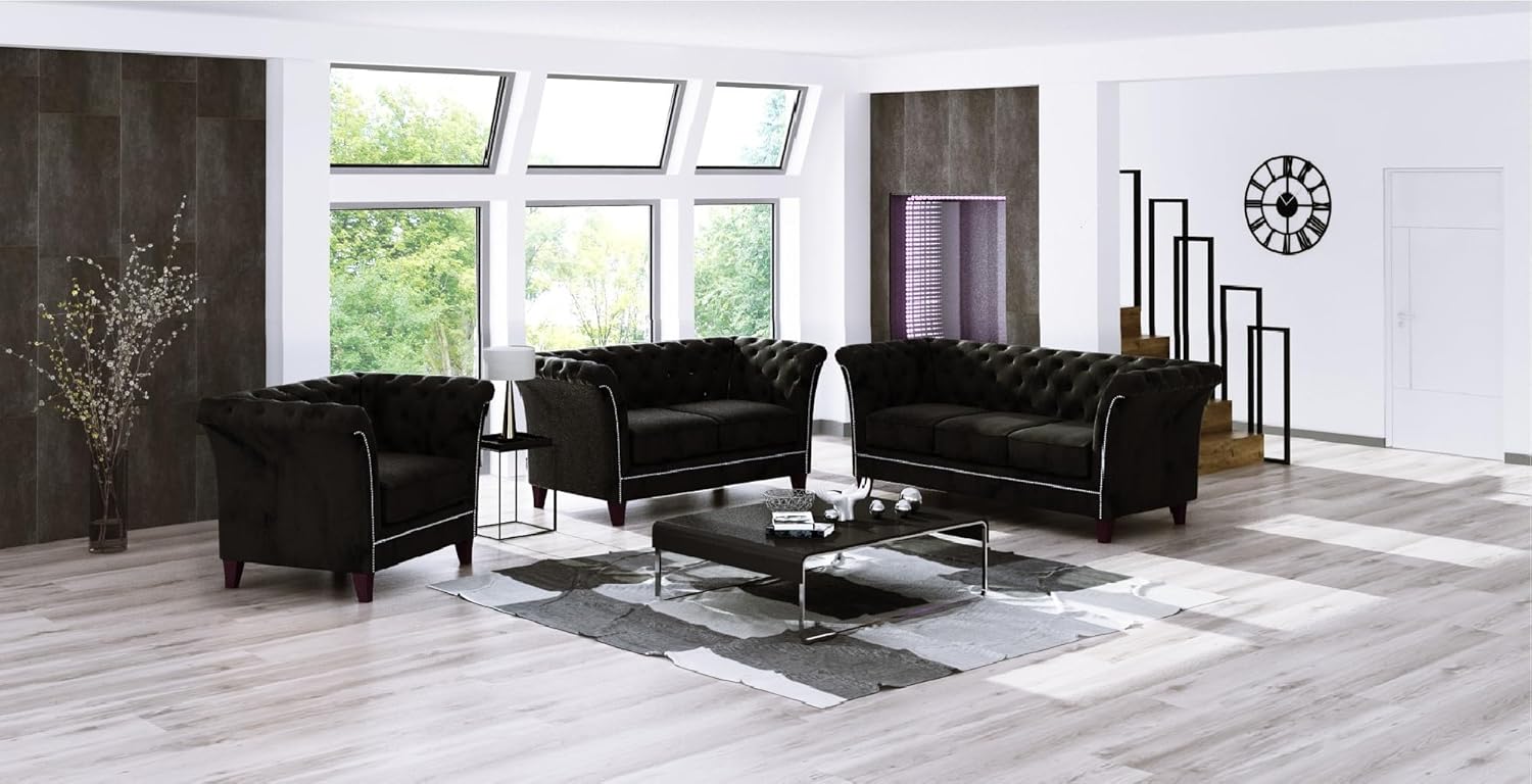 Noah Sofa 2-Sitzer Chesterfield-Sofa für Wohnzimmer Lounge Couch mit Holzfüßen Möbel Freistehende Polster Sofas & Couches Couchgarnitur Schwarz 175 x 82 x 75 cm
