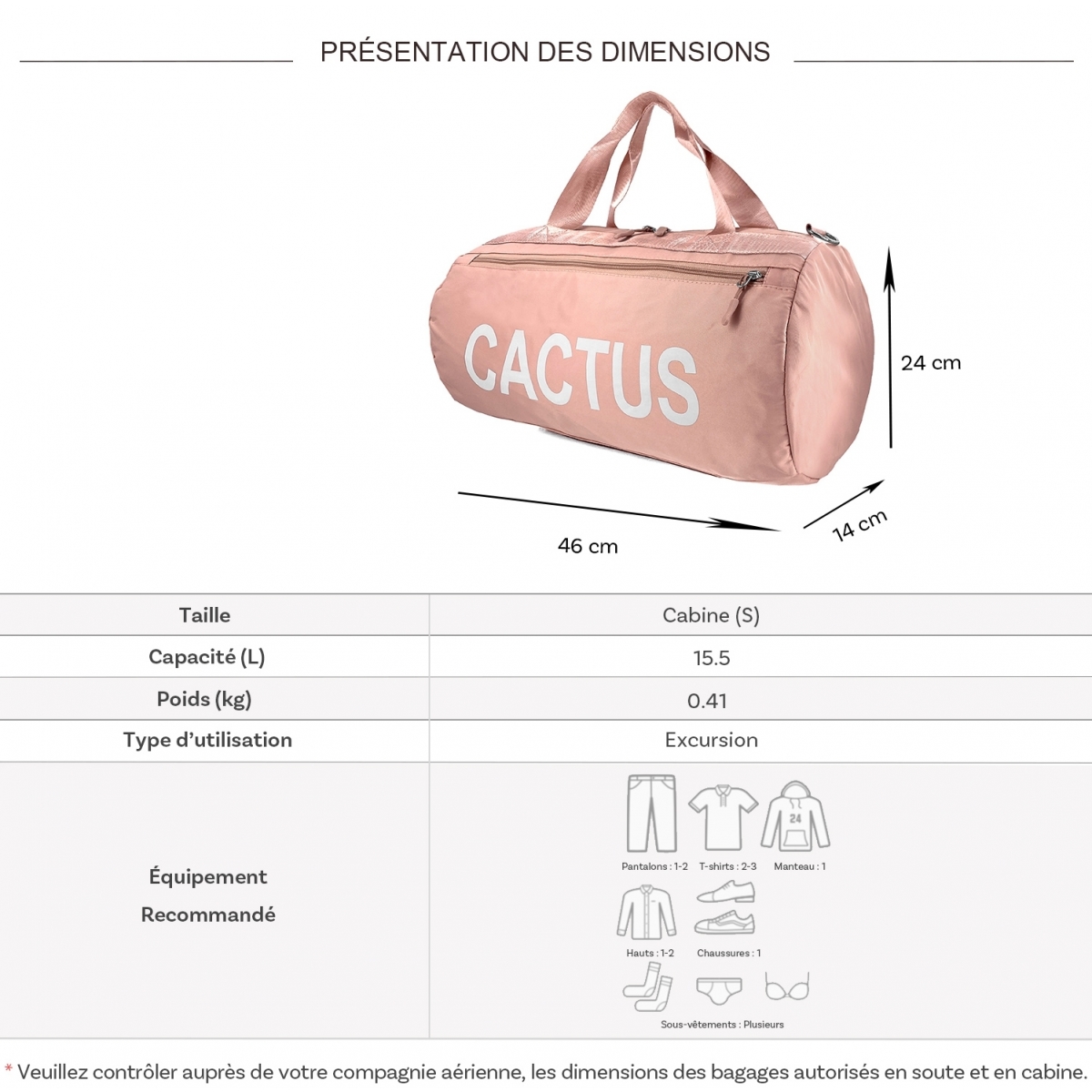 Cactus Sac de voyage week-end 15,5L et sport Cactus sans roulettes
