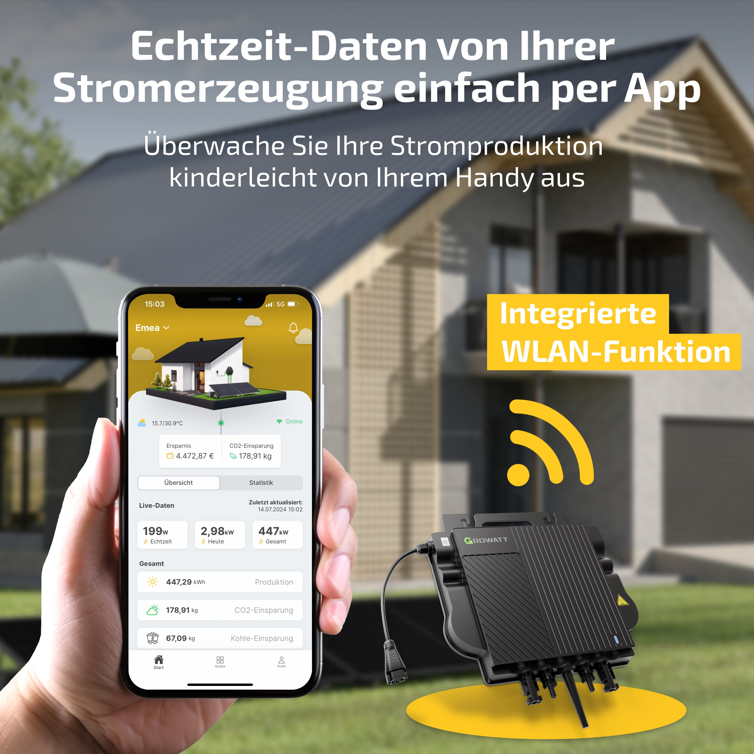 Balkonkraftwerk mit Speicher, 890W/800W Solaranlage Steckerfertig WIFI Komplettset Photovoltaik Anlage 800W, Kabellänge: 5m, Solakon