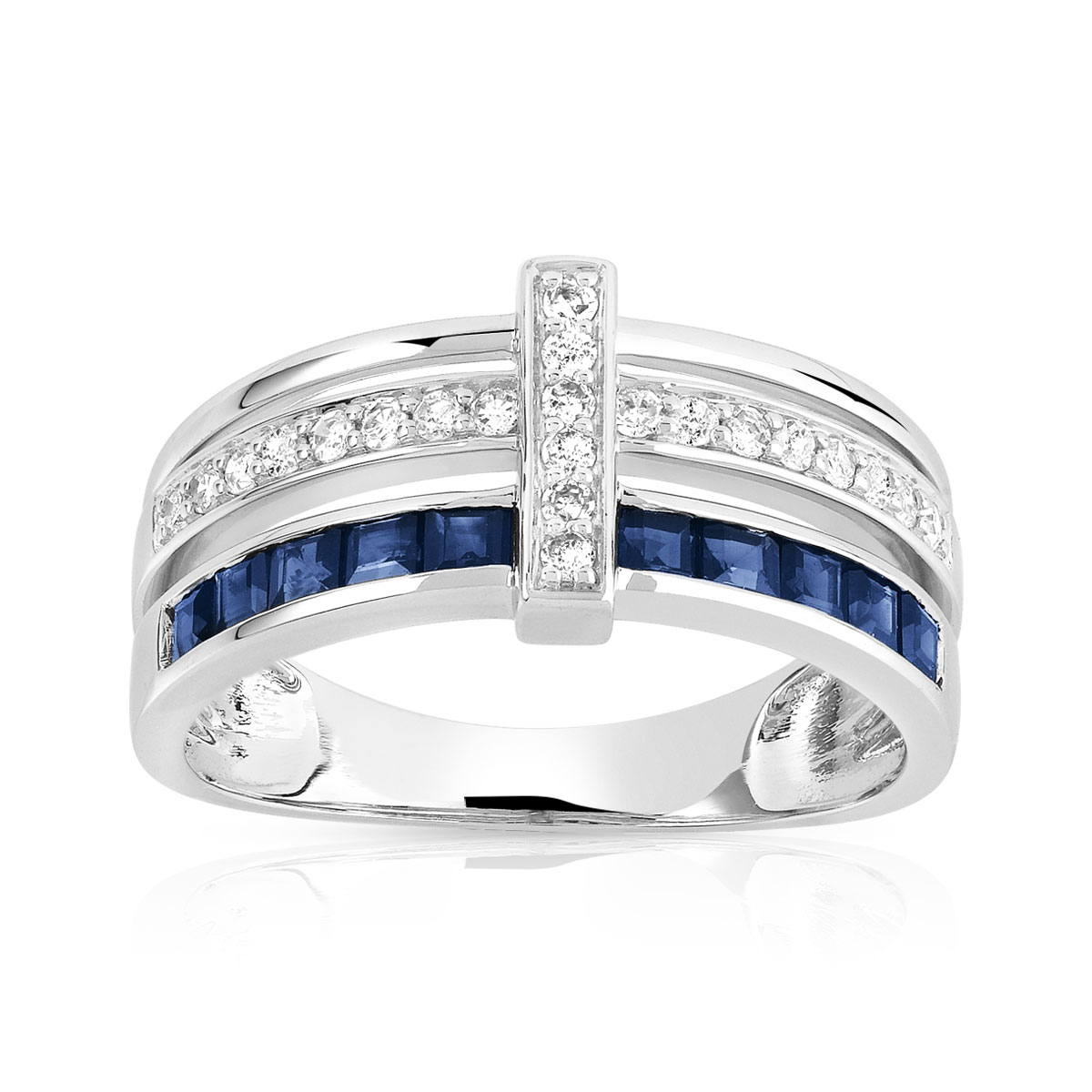 Bague or 750 blanc triple anneau saphirs carrés et diamants