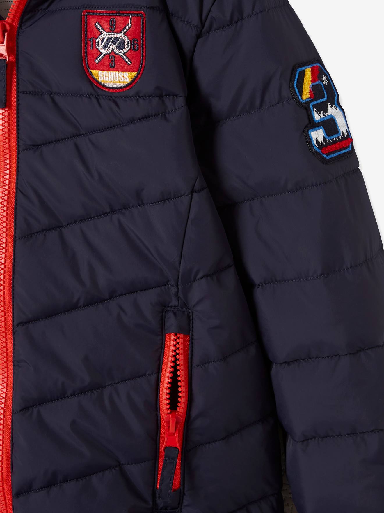 Jaqueta de esqui acolchoada com capuz e forro de sherpa, para meninos, azul-marinho lisa com estampas.