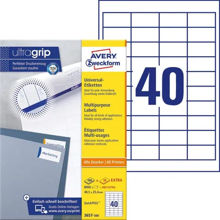 Avery Zweckform 3657-200 Universal-Etiketten,A4 mit ultragrip,48,5 x 25,4 mm, 220 Bogen/8.800 Etiketten, weiß