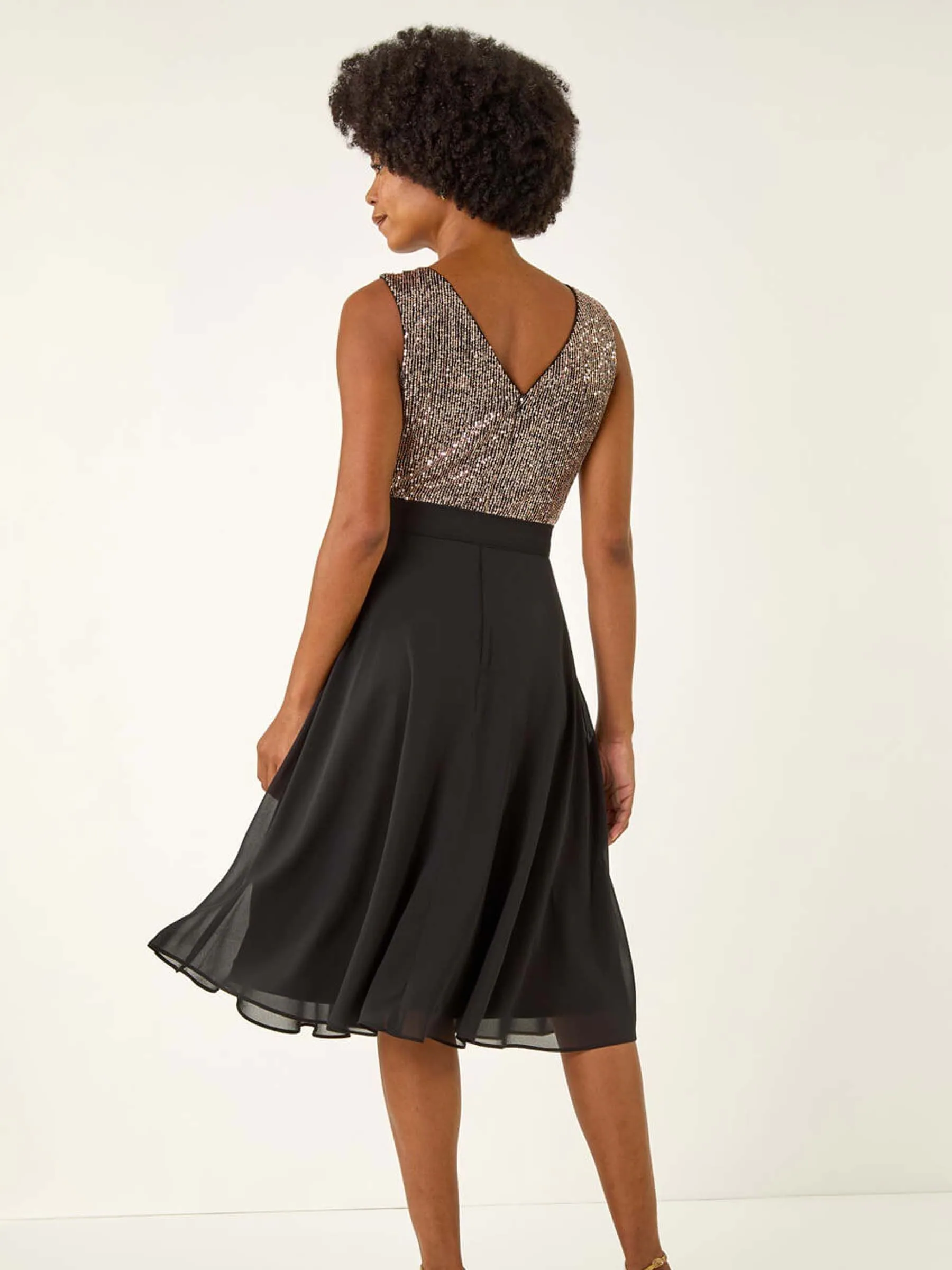 Metallic - Roman Sequin Bodice Belted Chiffon Dress