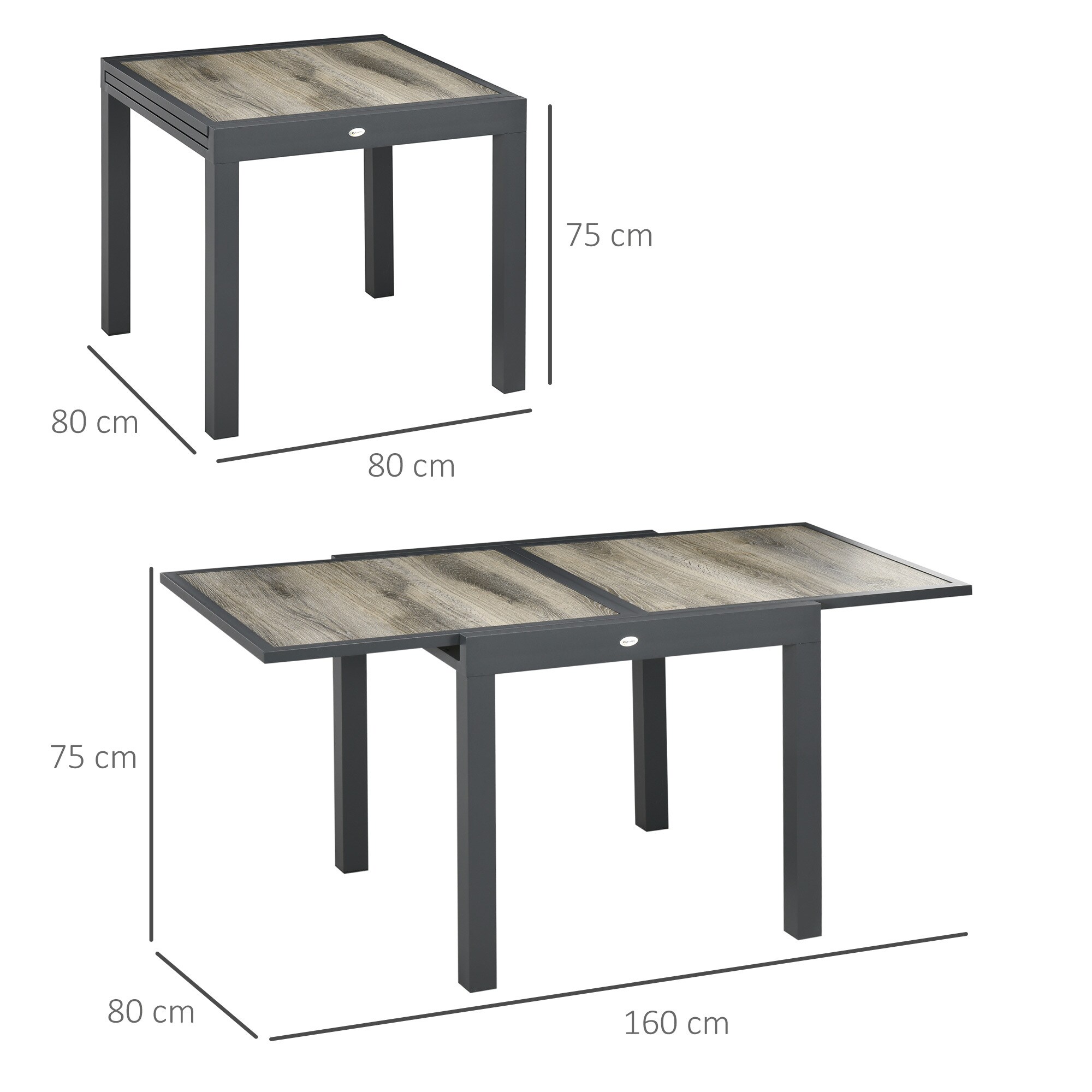 Outsunny Gartentisch mit ausziehbarer Tischplatte natur, schwarz 80/160L x 80B x 75H cm