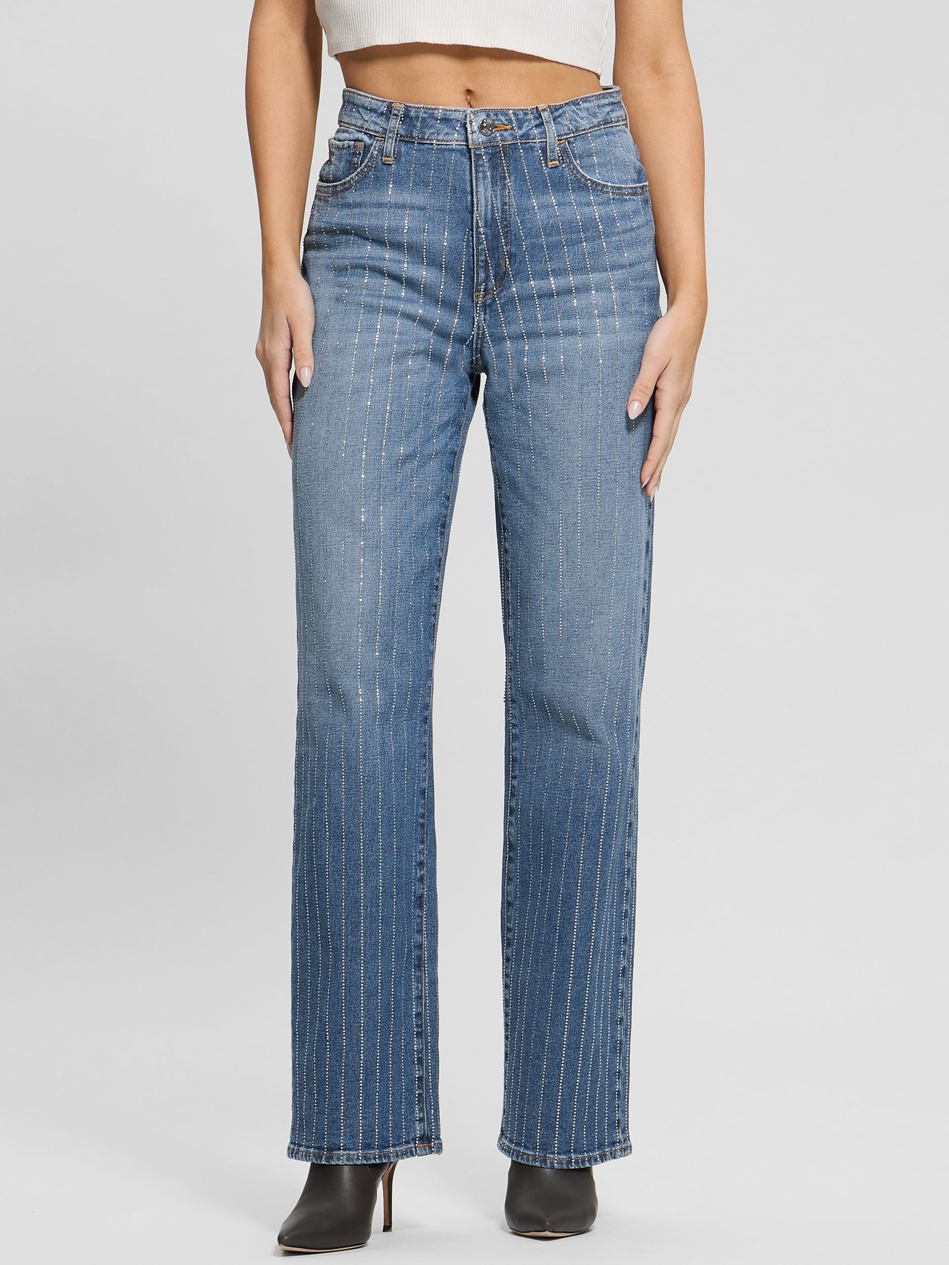 Calça jeans de cintura alta com strass dos anos 90