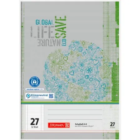 BRUNNEN Schulheft Recycling A4 liniert, mit Randlinie innen und außen, Lin. 27 grau-grün