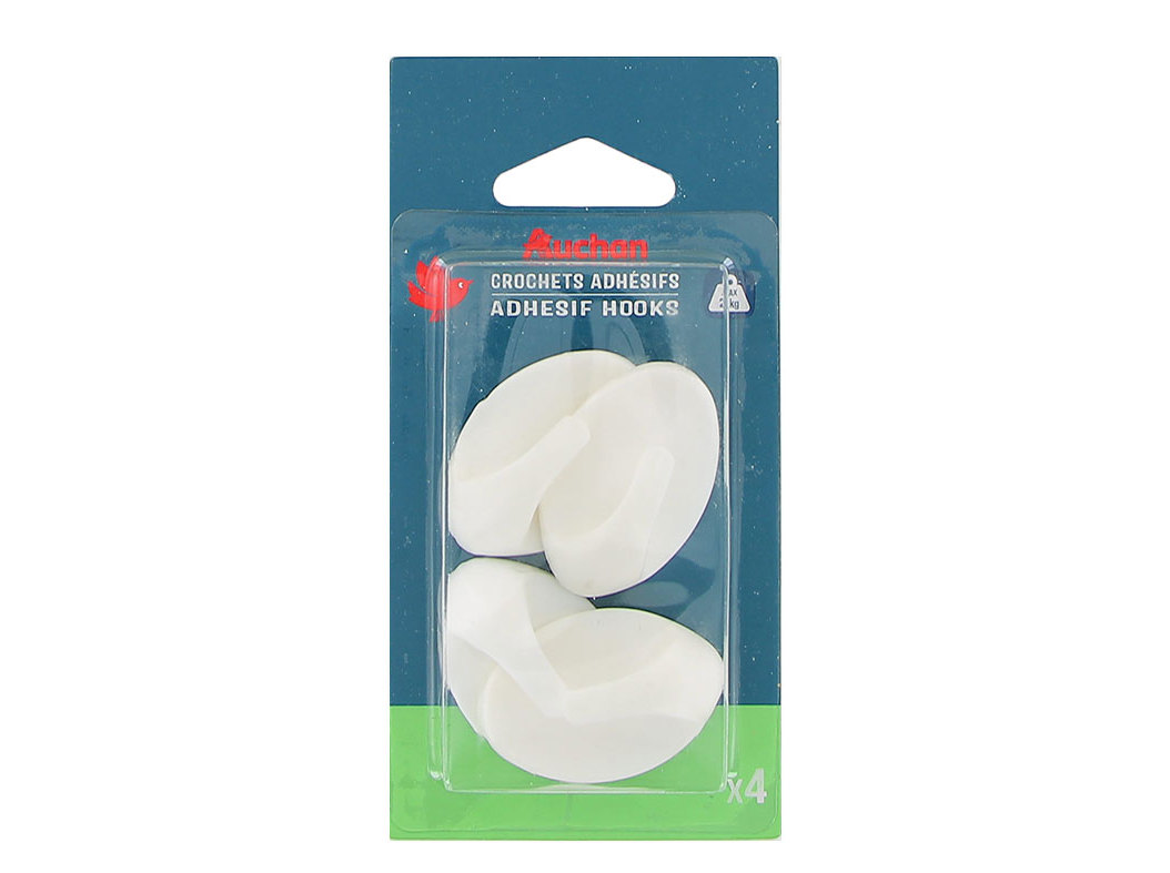 GANCHO ADESIVO AUCHAN BRANCO OVAL 4 PEÇAS