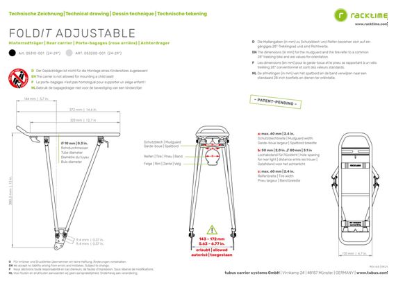 Porte-Bagages Arrière Racktime Foldit Adjustable (24-29'') Noir