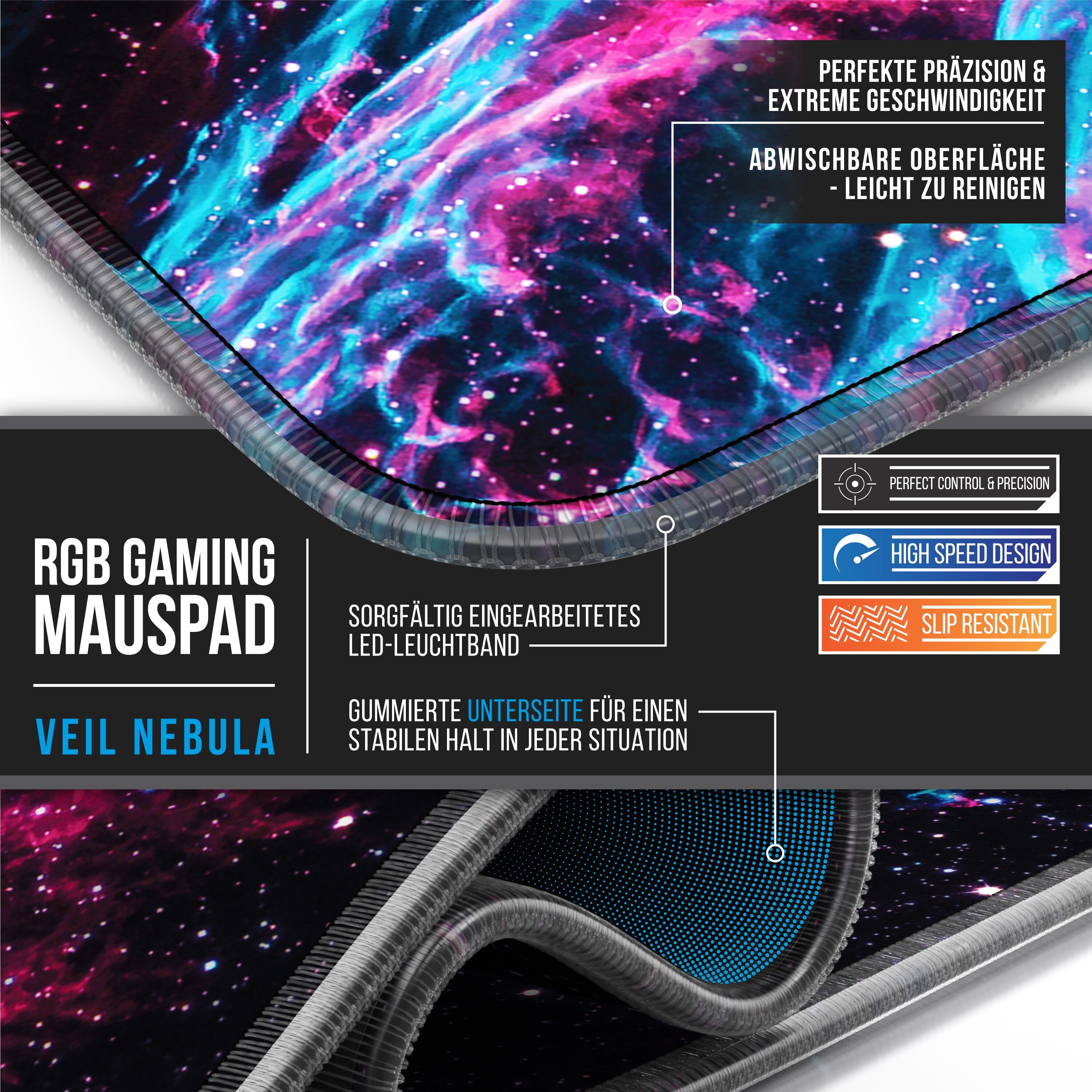 Titanwolf RGB Gaming Mauspad, Mousepad XL 800 x 300mm verbessert Präzision & Geschwindigkeit, Galaxie Blau