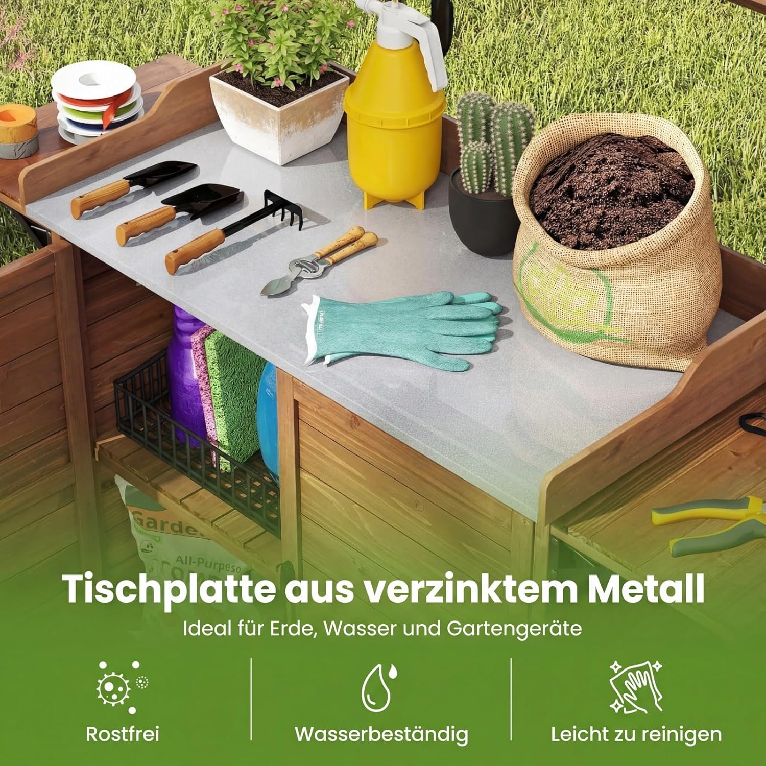 COSTWAY Pflanztisch Outdoor wetterfest, Gärtnertisch Holz, Blumentisch mit Unterschrank & verzinkter Arbeitsplatte & klappbarer Seitentische, Gärtnertisch für Garten Terrasse Hof, 138x47x128cm, Braun