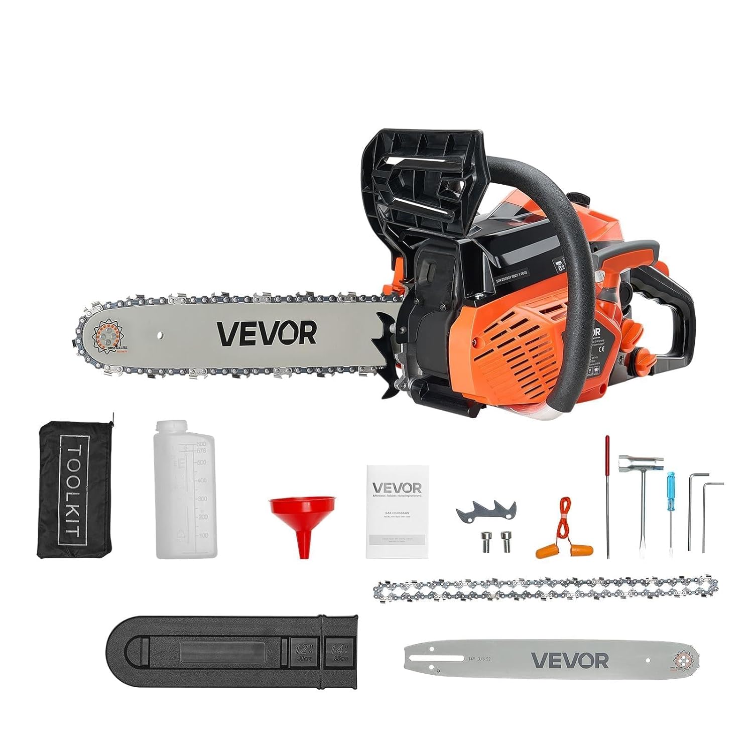 VEVOR 40cc Benzin-Kettensäge, 355 mm Benzin-Kettensäge, 1,8 PS starke Säge mit rutschfestem Griff, zwei Kraftstofftanks, Not-Aus-Funktion, max. 12000U/min, zum Holzfällen, Baumbeschneiden & Roden