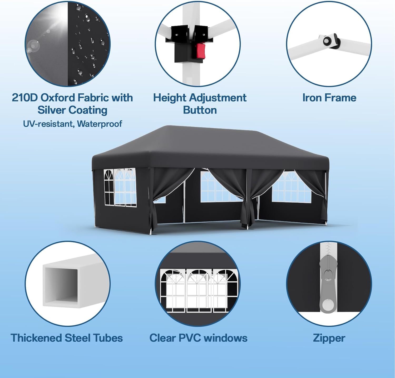 JUMMICO Pavillon 3x6 Wasserdicht Stabil Winterfest Höhe Verstellbar,Faltpavillon Partyzelt mit 6 Seitenwänden,Pavillion UV Schutz 50+,Gartenpavillon Faltzelt für Party,Hochzeit,Garten, Innenhof,Grau