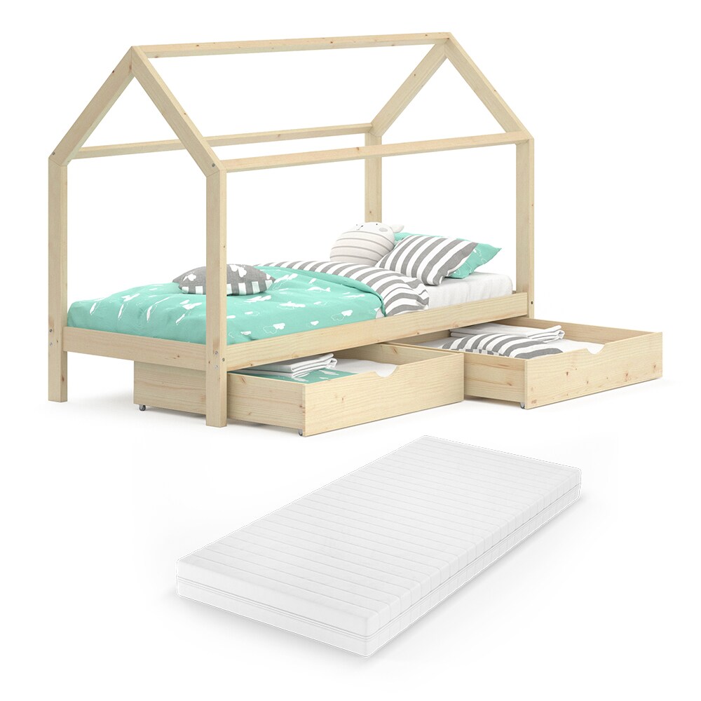 VITALISPA Kinderbett Hausbett Schubladen Bett Holz Kinderhaus weiß 90x200 cm