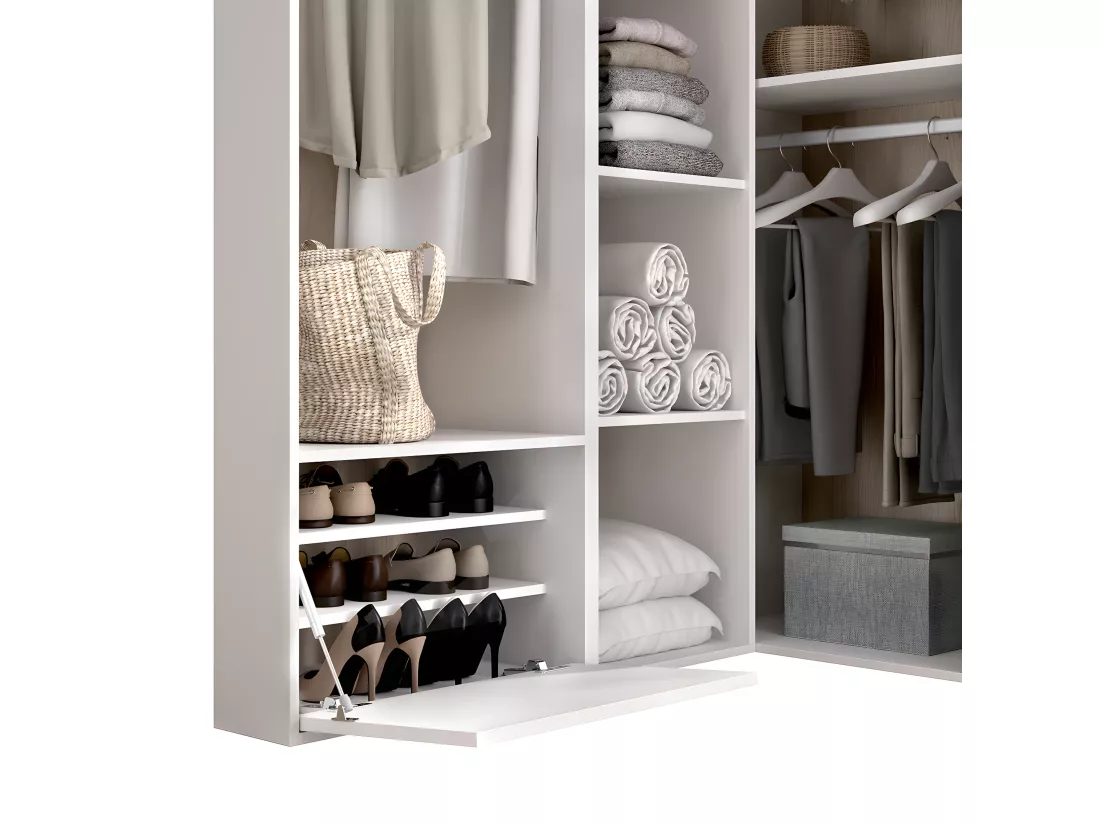 Ensemble dressing d'angle avec portes à chaussures et fond d'arrière réversible coloris chêne naturel, blanc - Longueur 1445 x Profondeur 79 x Hauteur 205 cm
