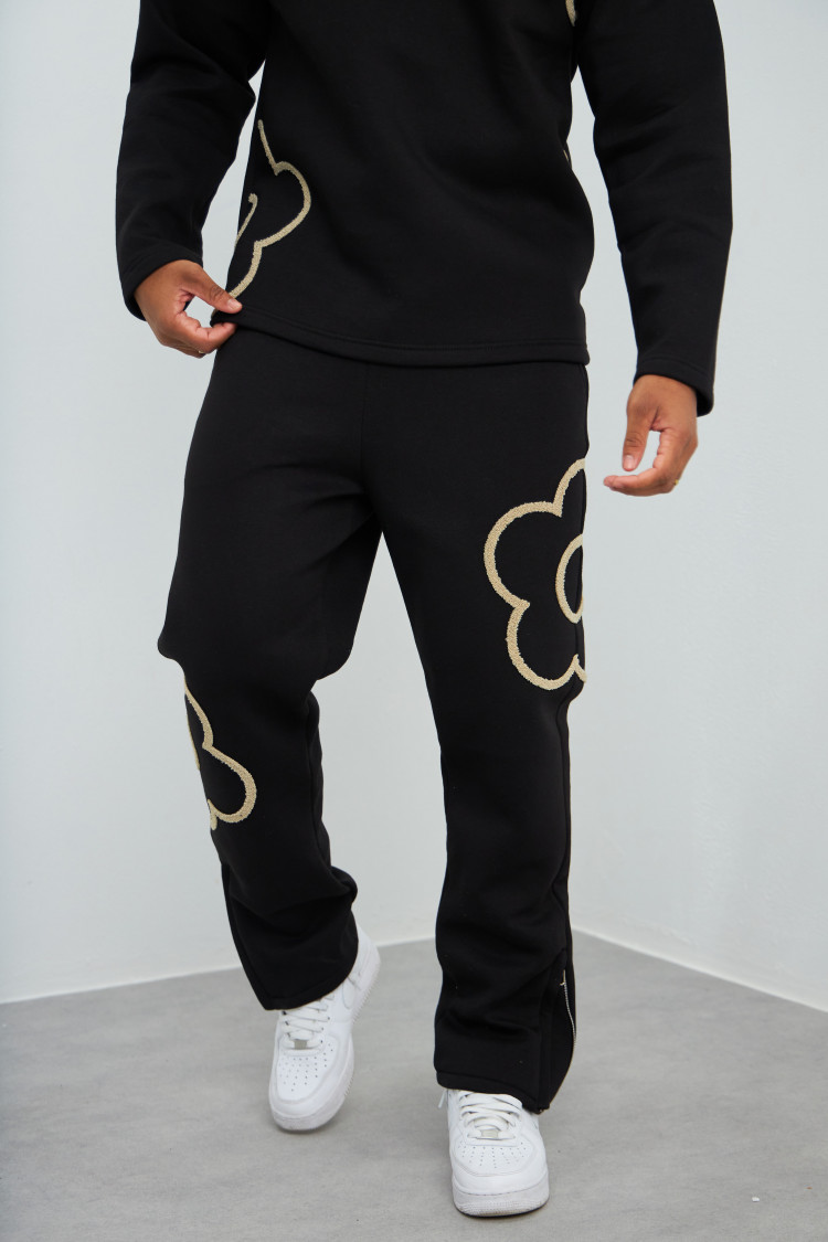 Ensemble 2 pièces sweat + jogging noir et beige à fleurs