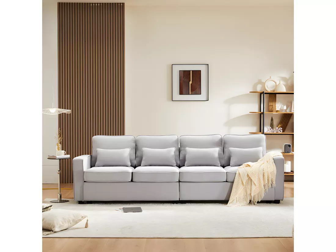 Canapé droit 4 places avec poches accoudoirs et 4 coussins pour le salon l'appartement le bureau Tissu de lin Gris