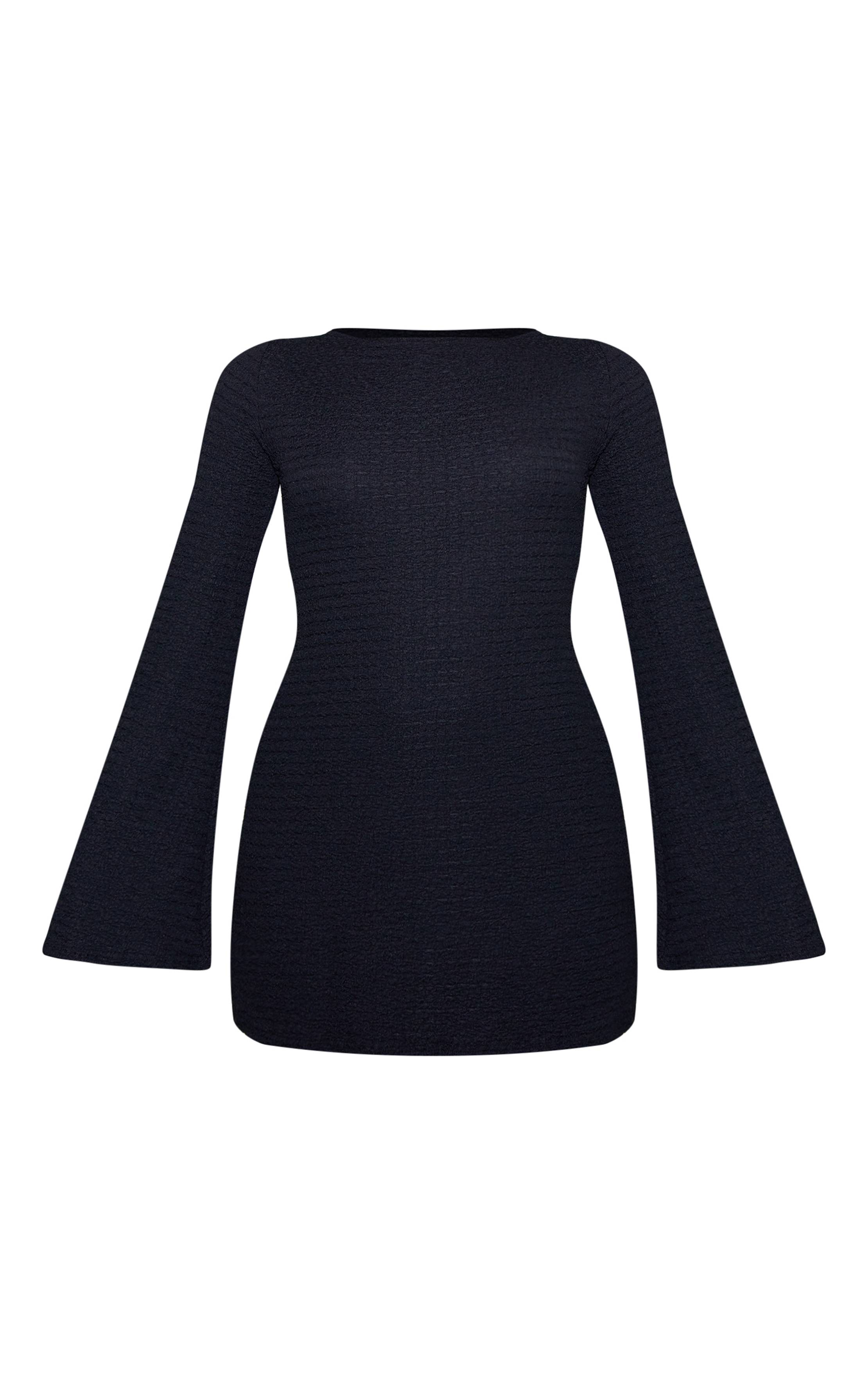 Noir Robe Droite À Manches Longues Col Bateau Texturée