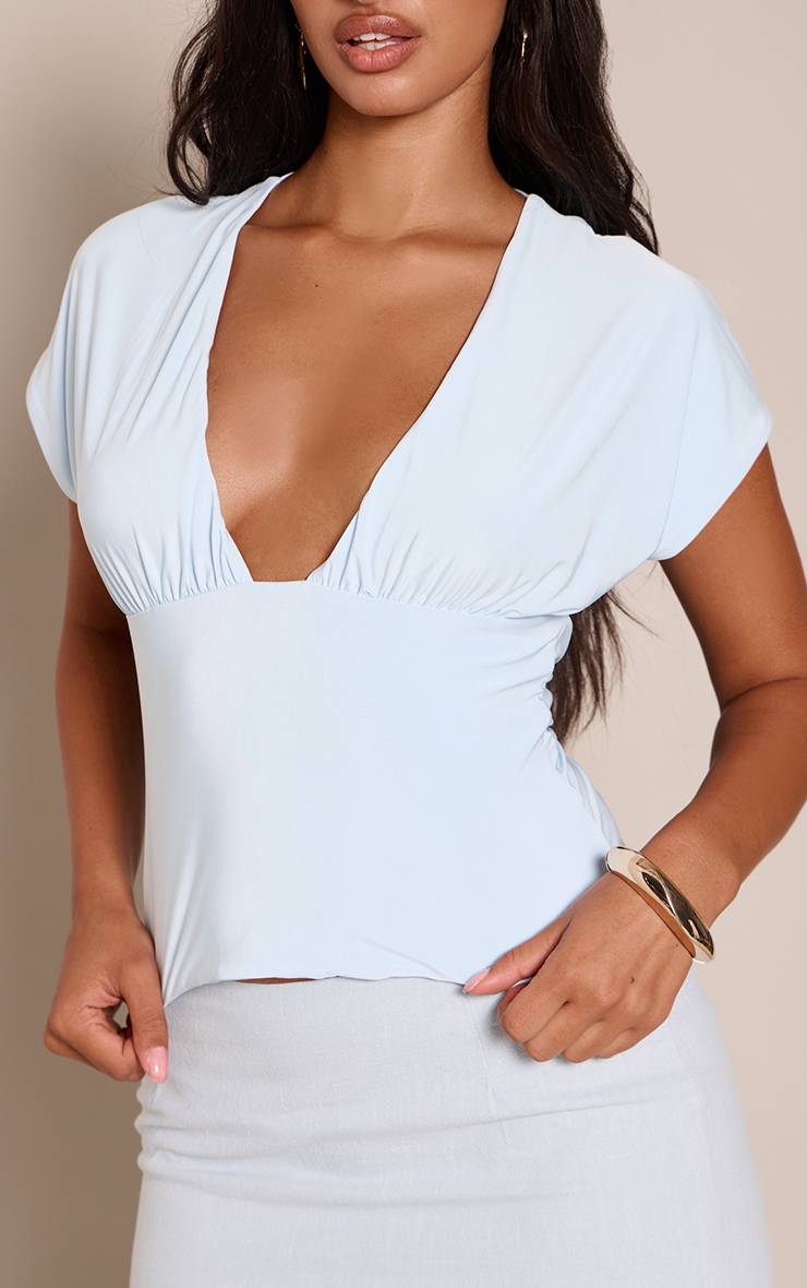 Bleu Layette Haut À Manches Courtes Moulant Avec Décolleté Plongeant