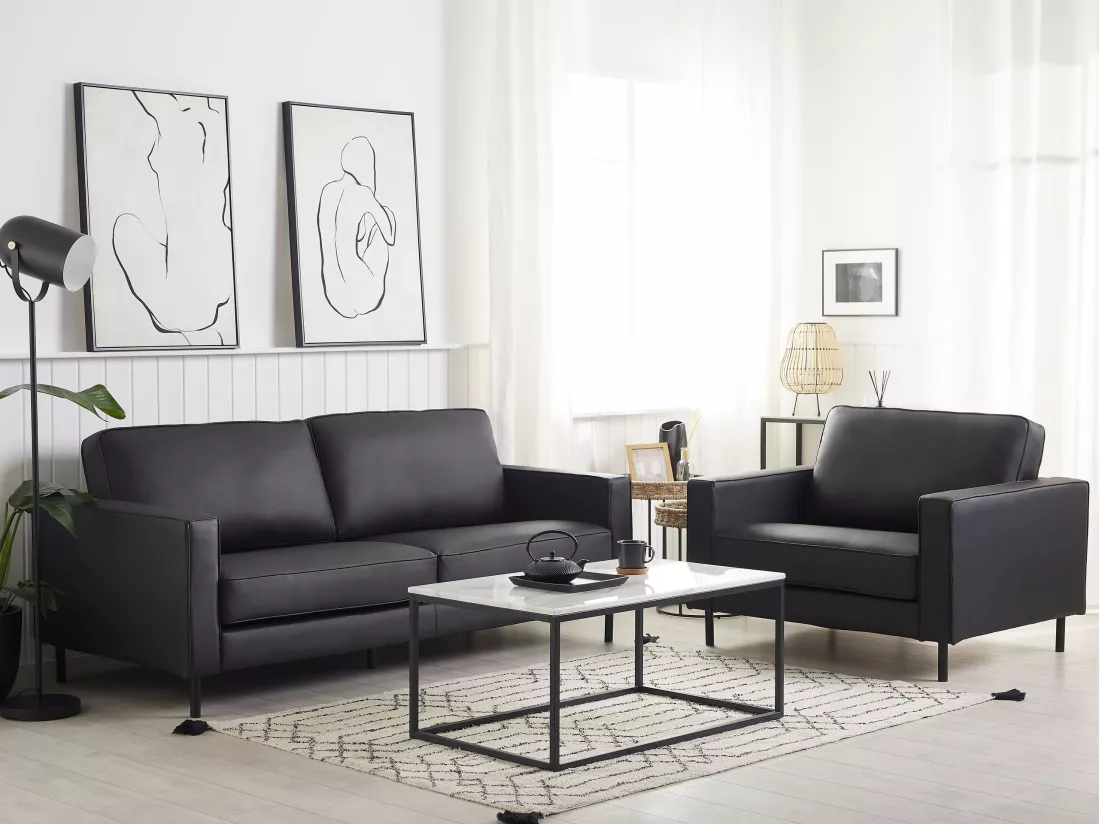 Ensemble canapé et fauteuil en cuir noir 4 places SAVALEN