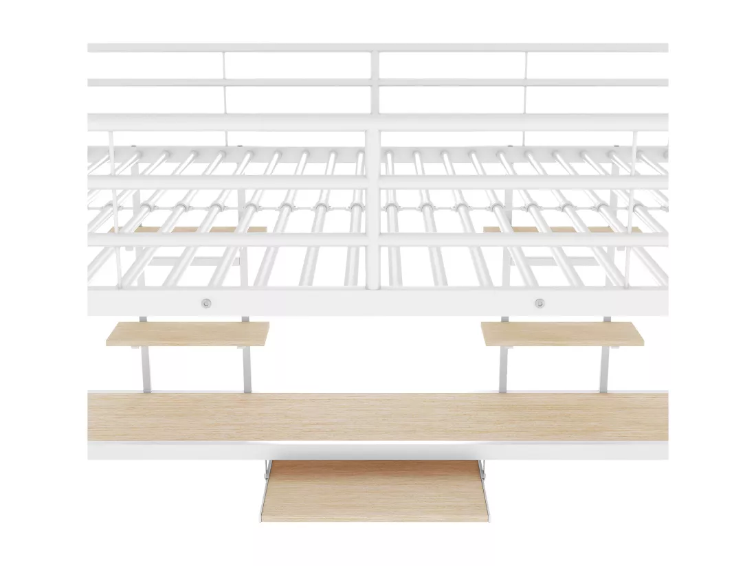 Lit mezzanine 140x200cm - avec bureau et étagères - cadre en métal - Blanc
