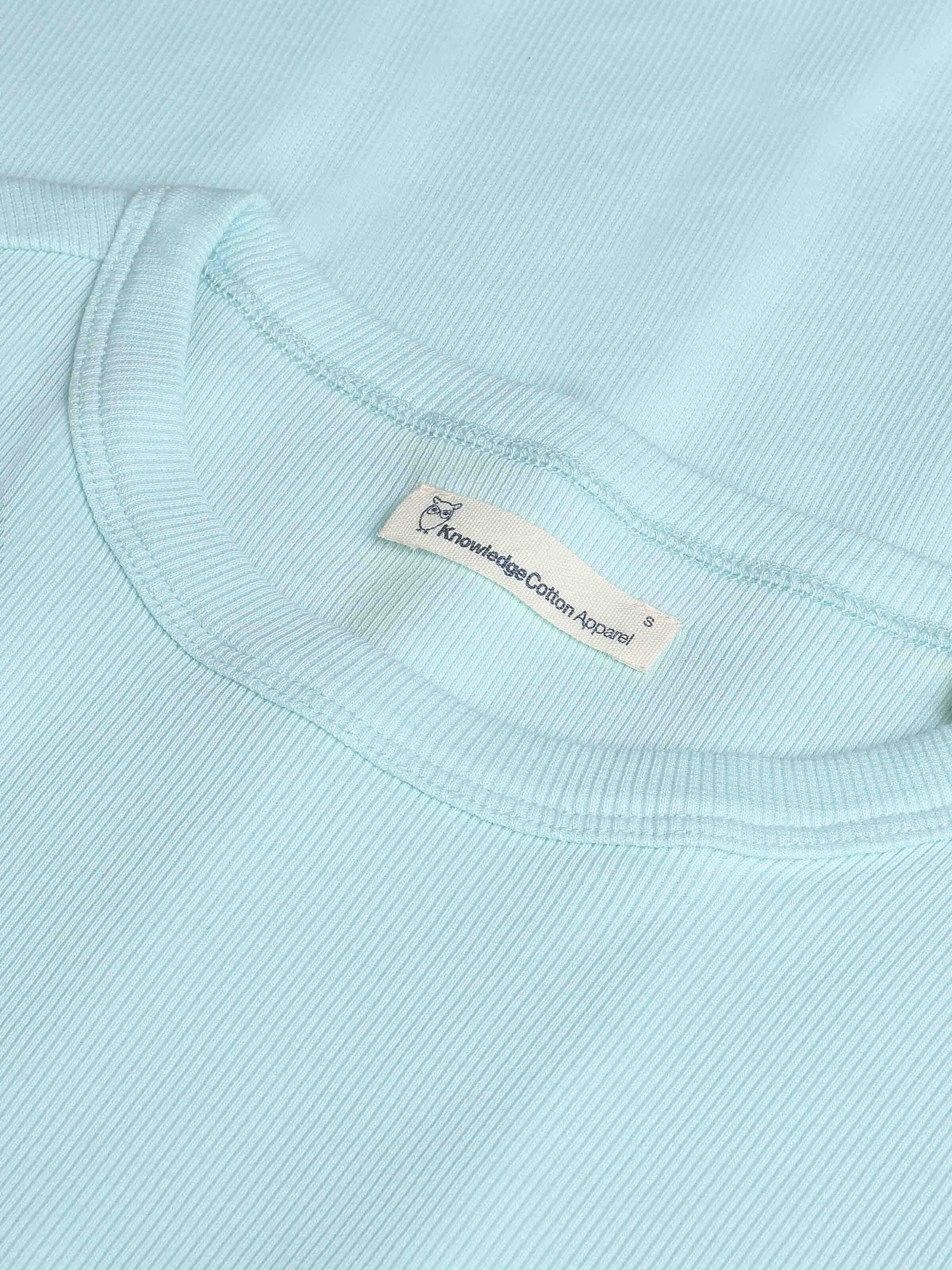 Knowledge Cotton Apparel Rib T-Shirt With Ruffle Hemming Aqua-Esque