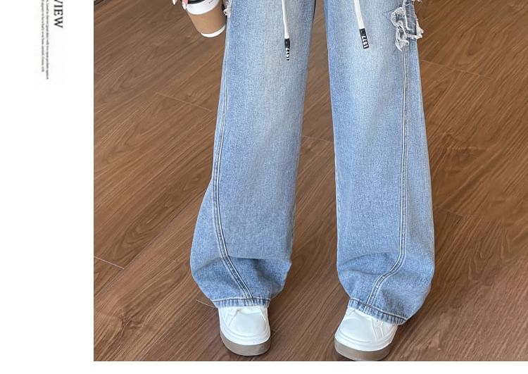 EFO - Elastische taille, gewassen sterrenapplicatie, wijde pijpen jeans