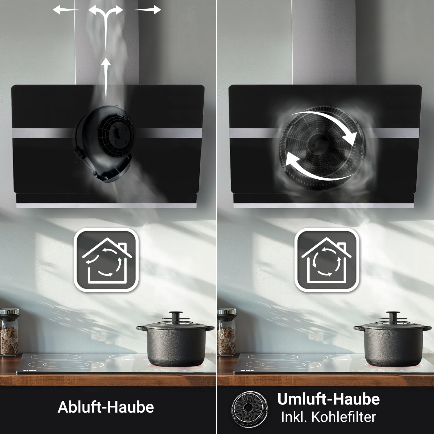 KKT KOLBE A+++ Dunstabzugshaube 80 cm Kopffreie Wandhaube Edelstahl schwarzes Glas Nachlaufautomatik LED-Beleuchtung SensorTouch-Bedienung HERMES8005S