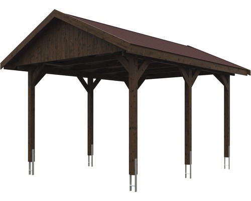 Enkele carport SKAN HOLZ Wallgau incl. rode shingles en H-paalankers 380 x 500 cm notenhout