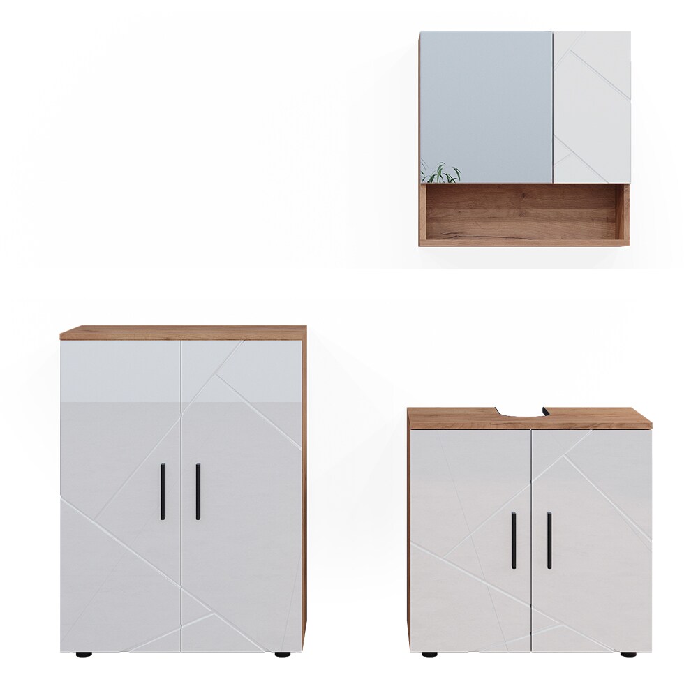Vicco Badmöbelset Irma Eiche Weiß Hochglanz modern Badezimmerschrank Badschrank Badezimmermöbel Waschtischunterschrank Spiegelschrank Kommode Schranktür Schrankfach