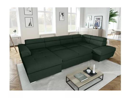 Canapé panoramique 6 places Paola convertible avec 2 coffres en velours côtelé - Vert foncé - L320,5 x P188 x H76cm - Loungitude
