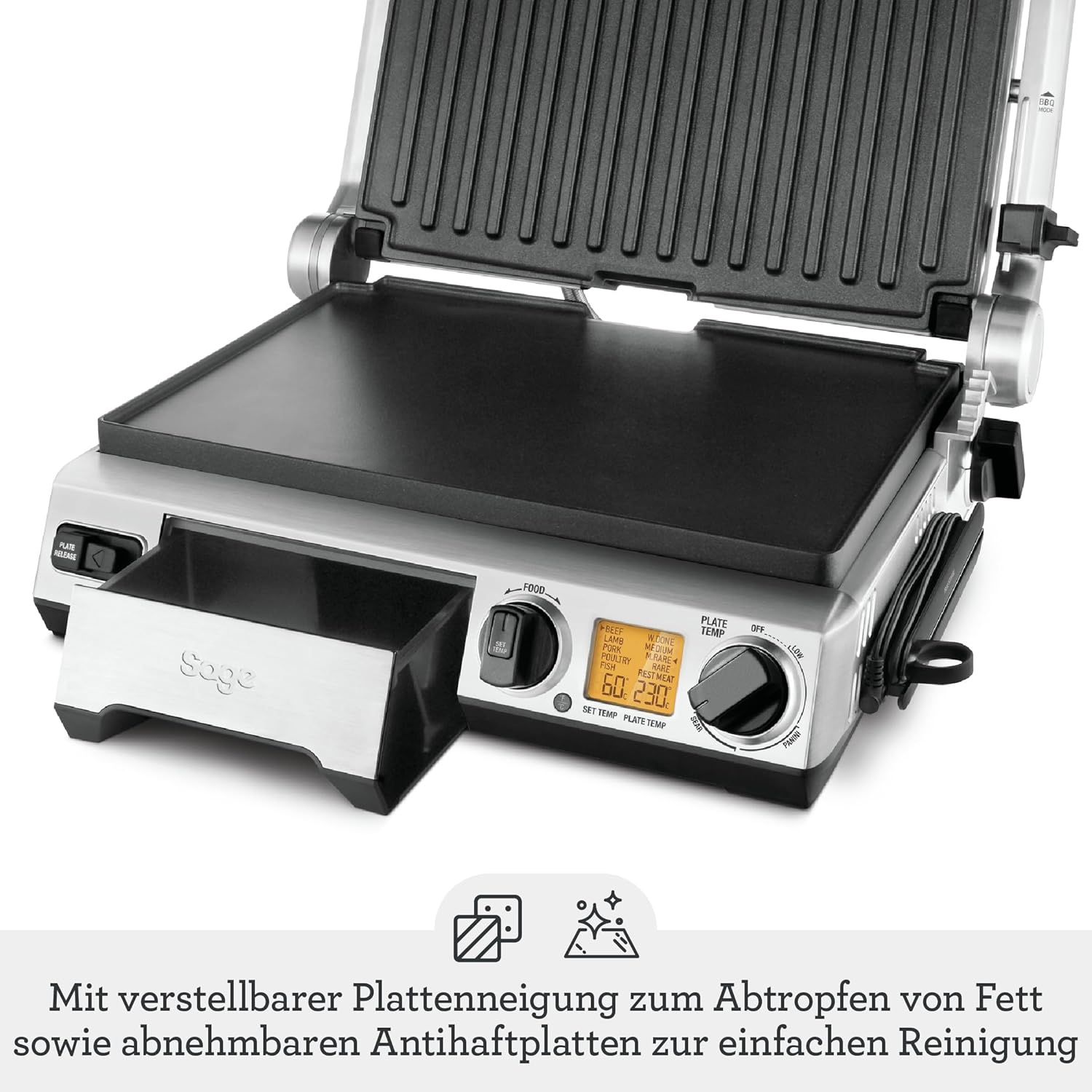 Sage - The Smart Grill Pro - Elektrischer Grill, Kontaktgrill - Optimale Ergebnisse mit Temperaturfühler - Abnehmbare Grillplatten - Für Drinnen & Draußen - Leicht zu Reinigen - Gebürsteter Edelstahl