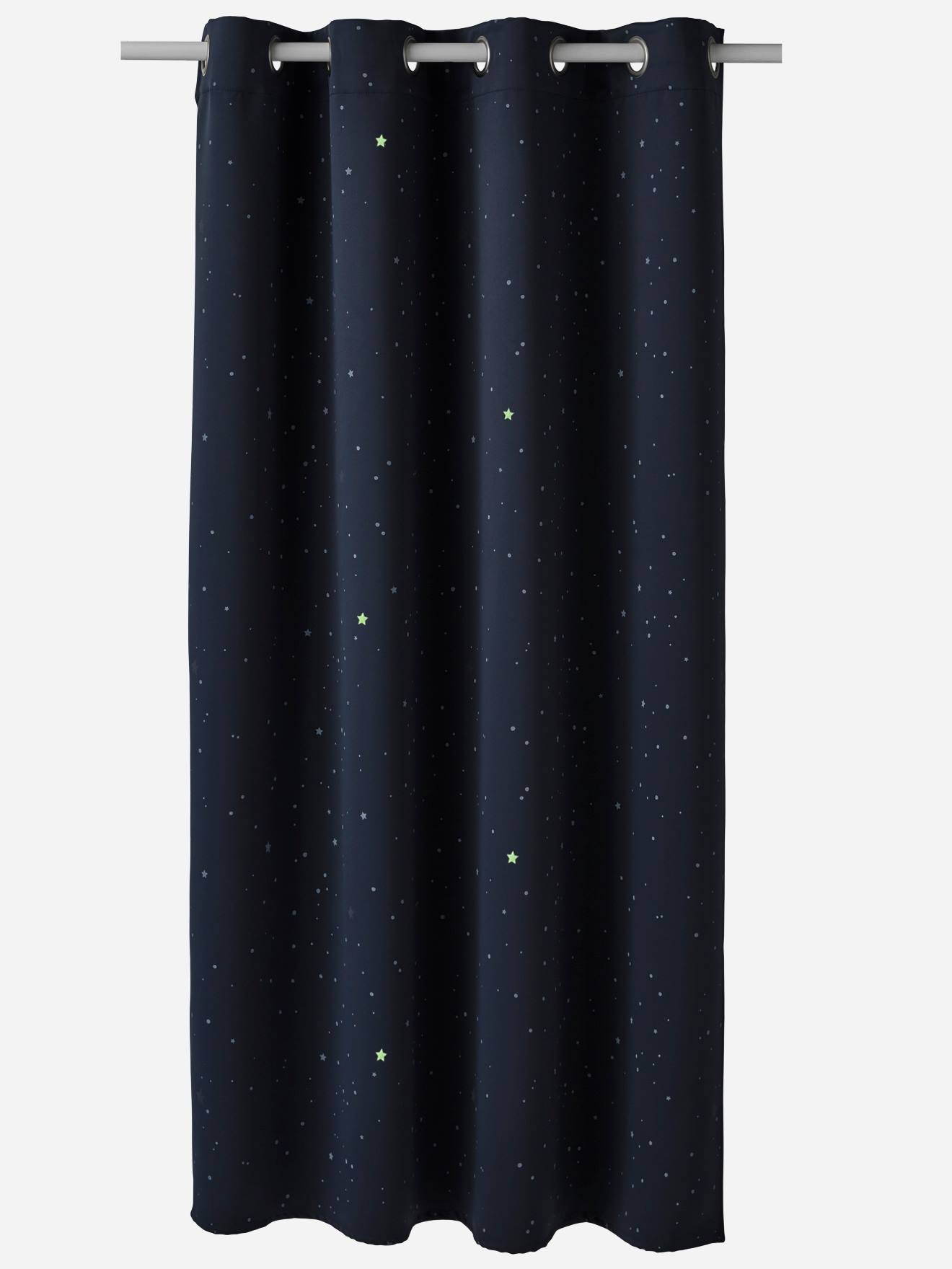 Cortina blackout fluorescente azul-escura com estampa.